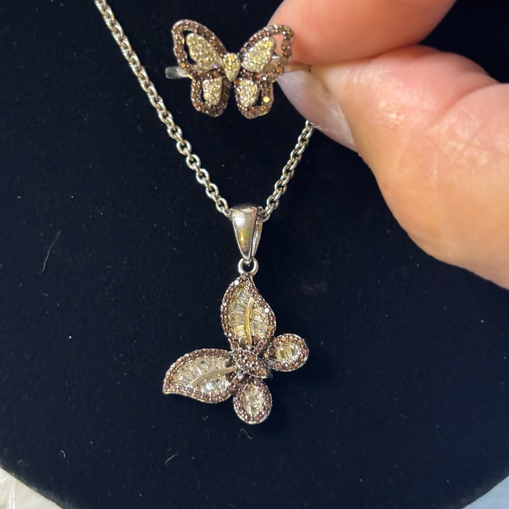 Matching Sterling Silver Butterfly Necklace and Ring w/ CZ and Amythests